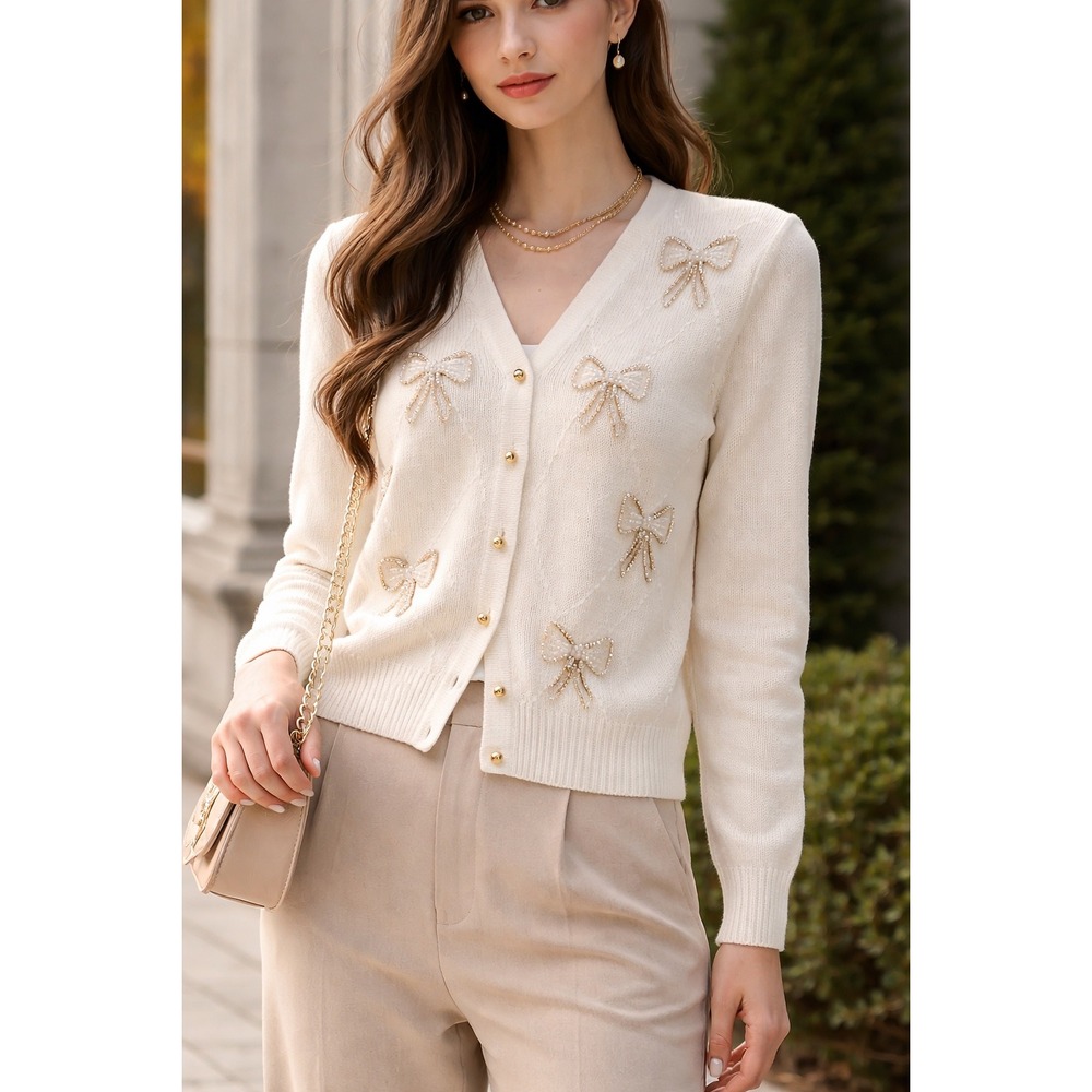 Karen Scott Petites‎ Silk Angora Beaded Bow Cardigan Sweater Cream Ivory PL